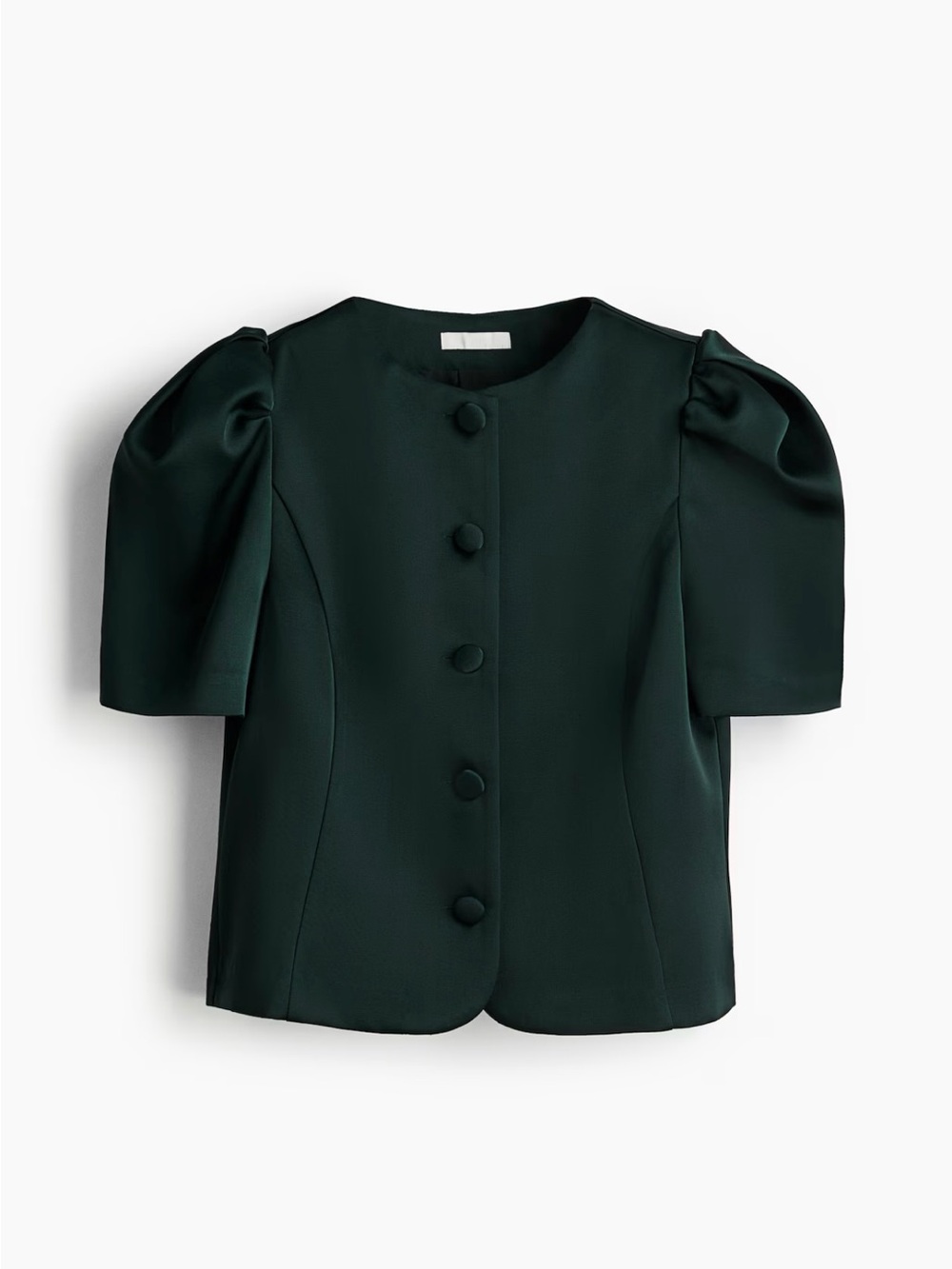 H&M Forest Green Button-Front Top with Puff Sleeve Detail